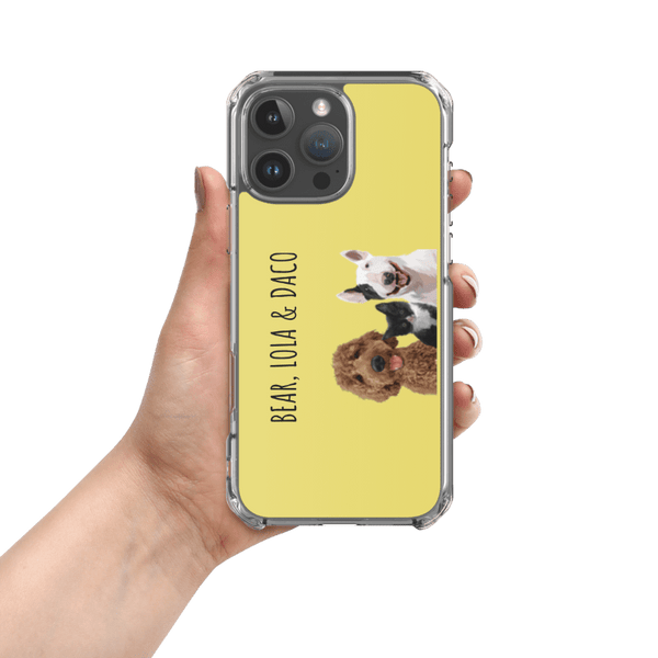 Cover de teléfono con retratos de  tres mascotas