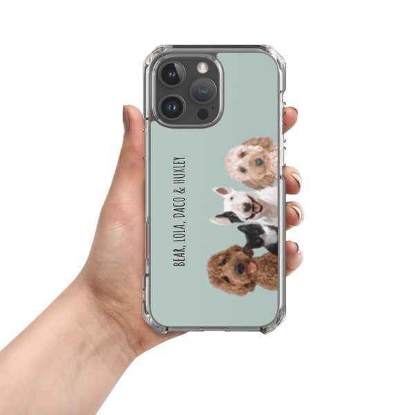 Cover de teléfono con retratos de  cuatro mascotas