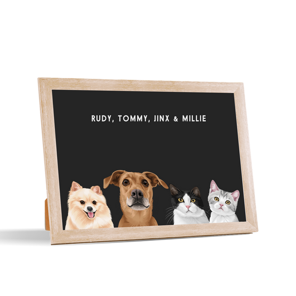 Retrato de cuatro mascotas de escritorio