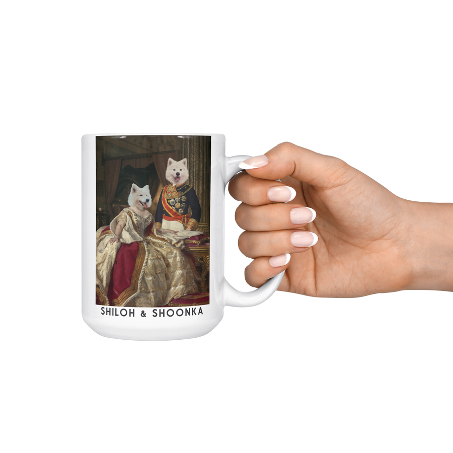Taza personalizada con retrato de mascota con rey y reina